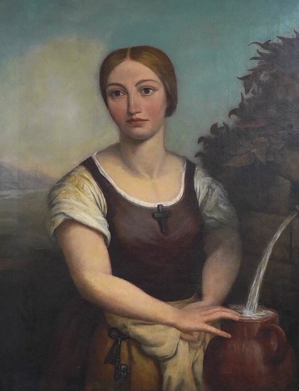 19th century, possibly Irish School, oil on canvas, Study of a woman before a landscape, unsigned, 90 x 69cm, ornately framed. Condition - fair, craquelure throughout